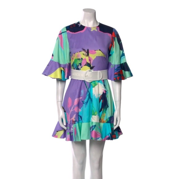 Leo Lin Illusory Mini Dress Belted Flutter Sleeve Ruffle Hem Abstract Print 6 - Picture 2 of 7